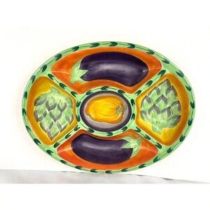 VTG Bright Vegetable Oval Platter 18"X14" Toscano 2001 Hand Painted Clay Art